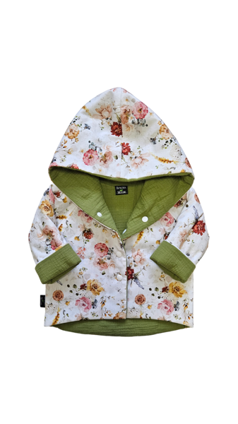 DIVPUSĒJĀ KOKVILNAS JAKA- zaļš muslīns ar ziedu kokvilnu